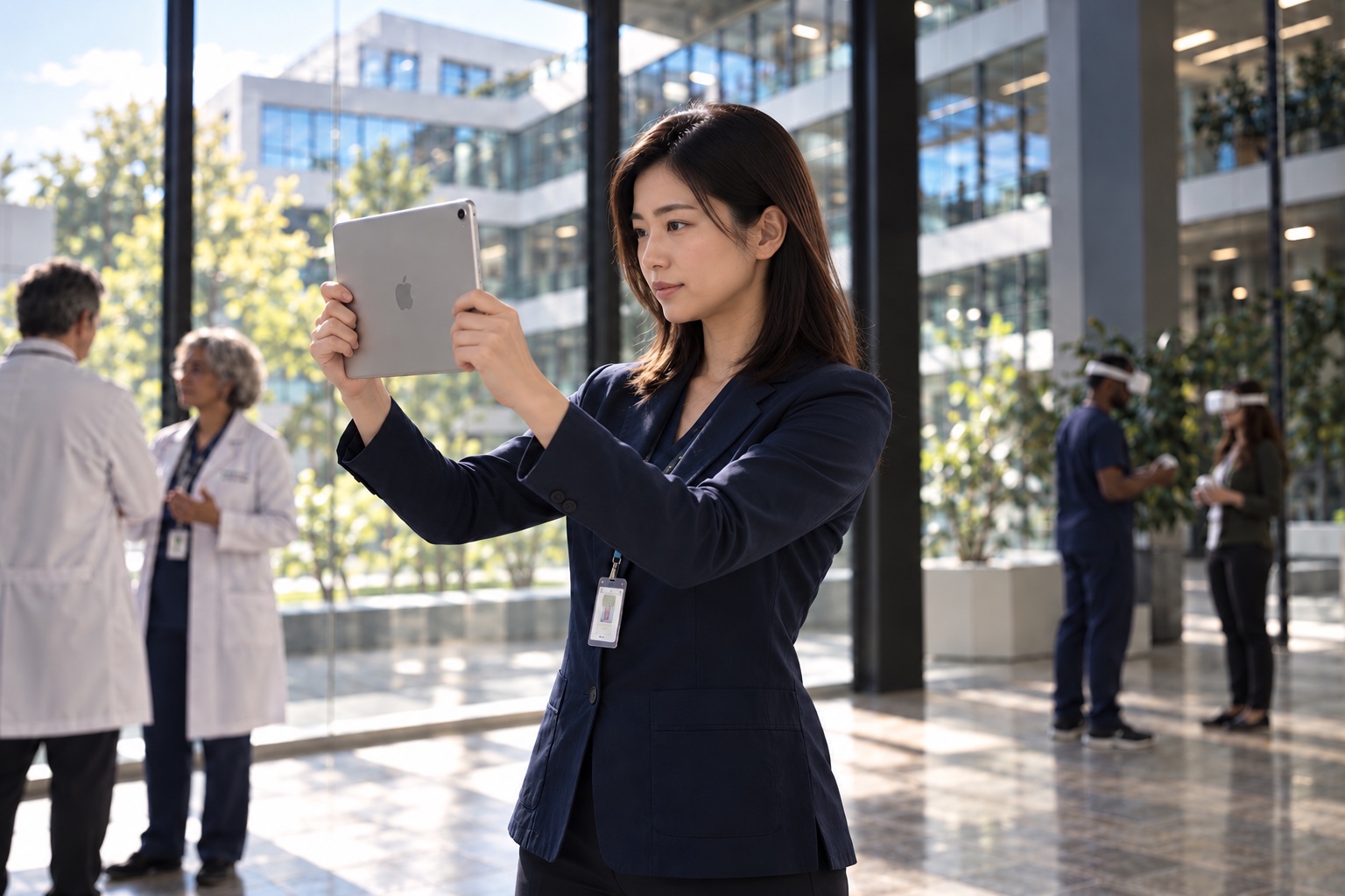 Illustrative scene: a medical professional holds an iPad upright as an augmented reality viewfinder