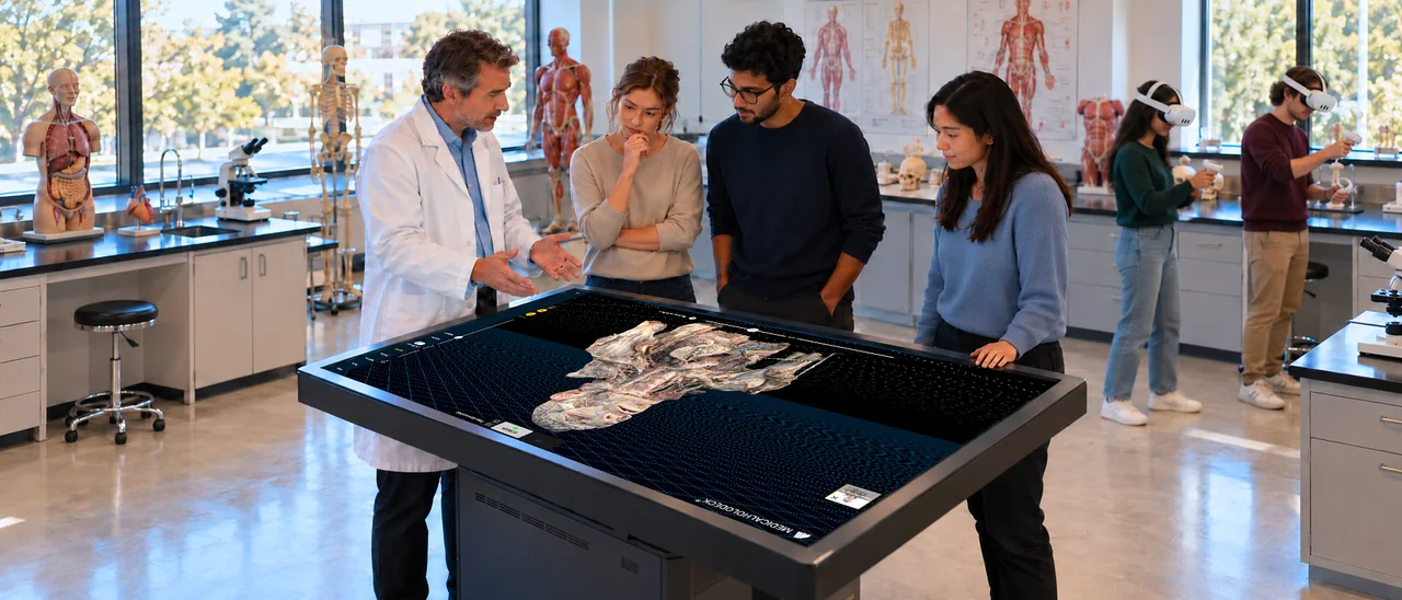 A group examines an anatomical specimen on a touchscreen table while colleagues use VR headsets