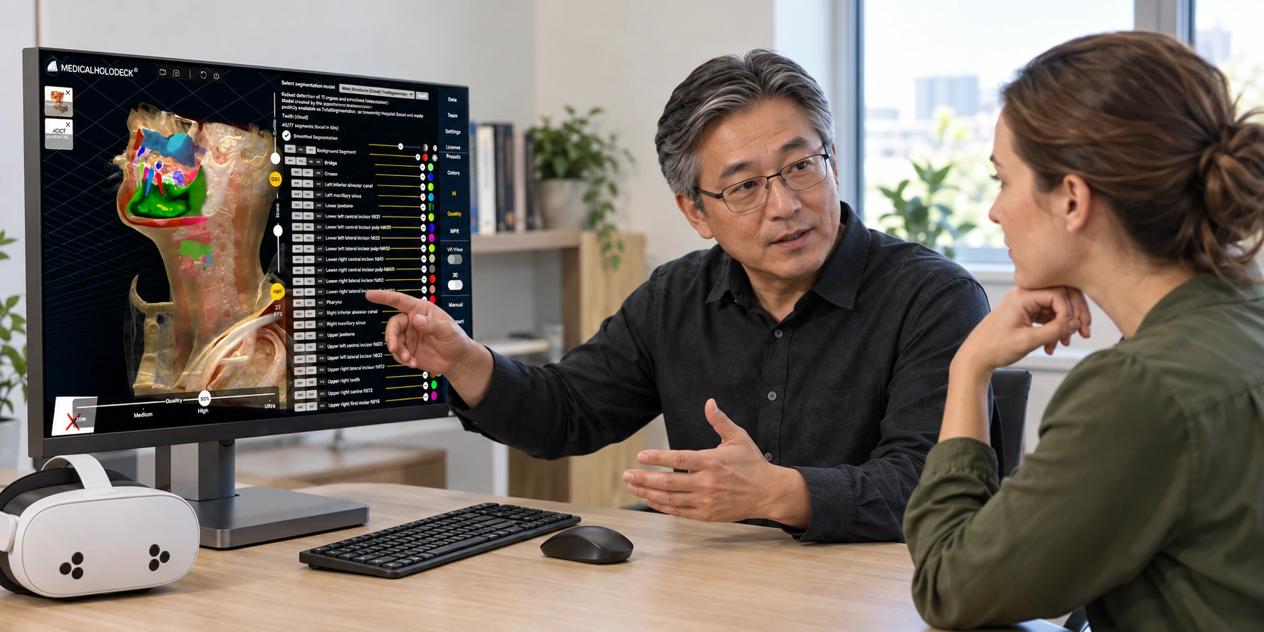 Illustration of two professionals reviewing dental AI segmentation on a desktop monitor.