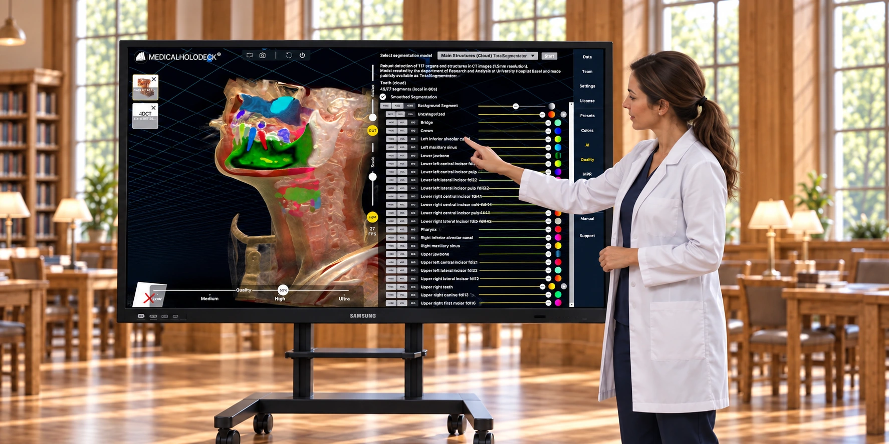 Illustration of an educator using a large interactive dental AI display.