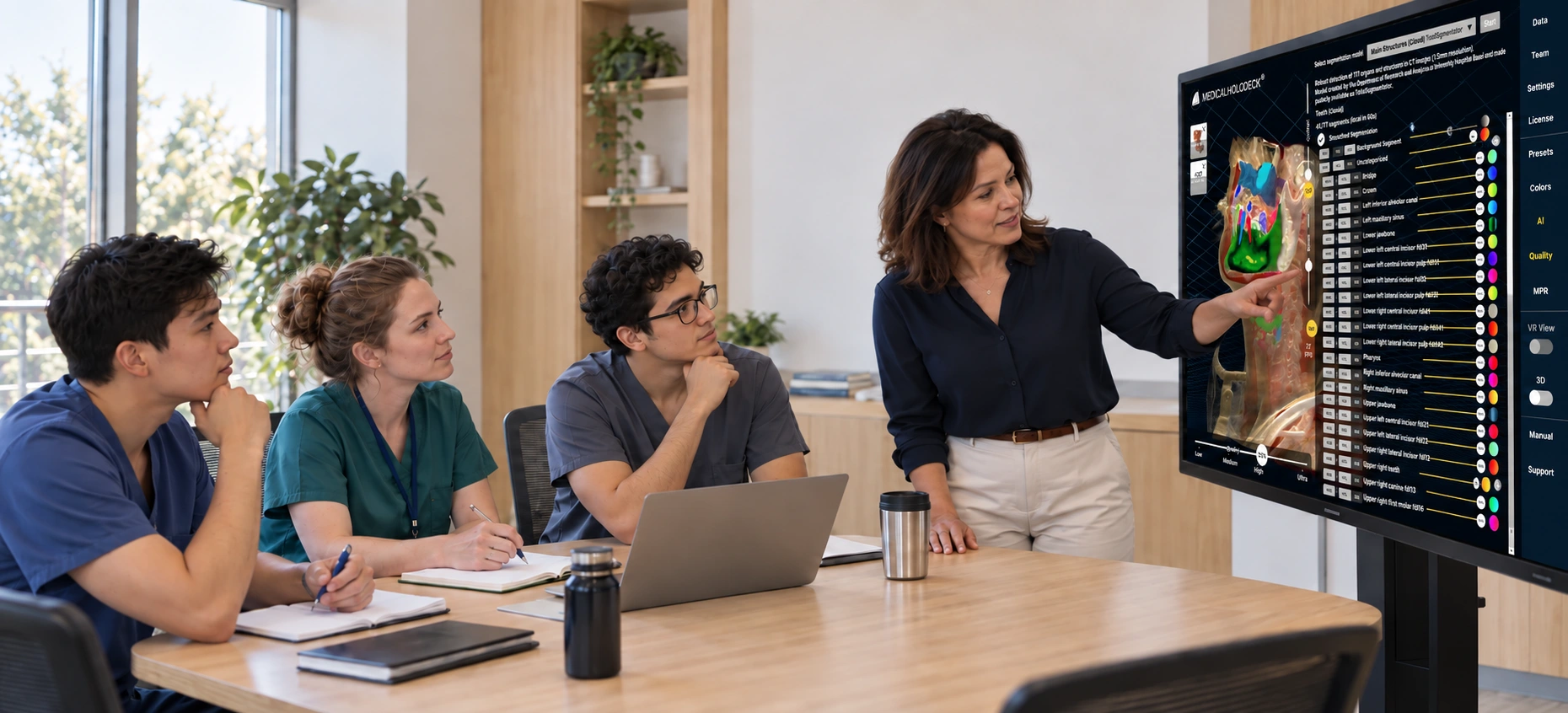 Illustration of an instructor and students reviewing dental AI segmentation on a large touch display.