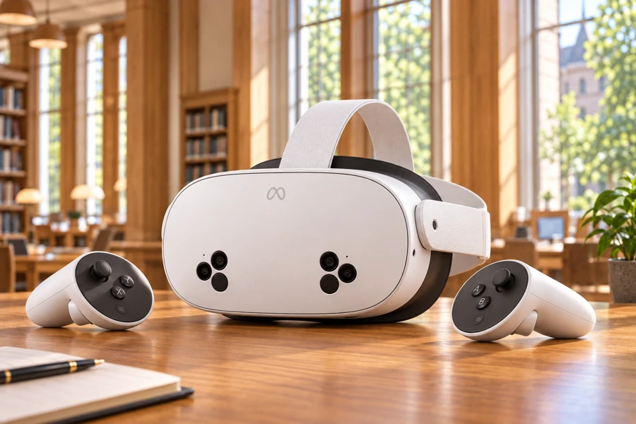 Illustration of a standalone VR headset and controllers on a library desk.