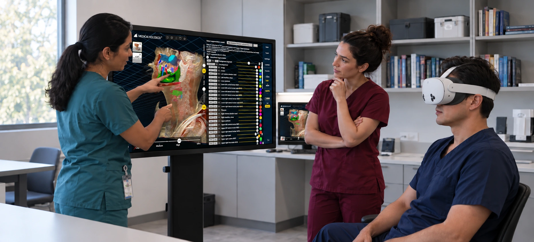 Illustration of a medical training group exploring dental AI segmentation with a touch display and VR headset.