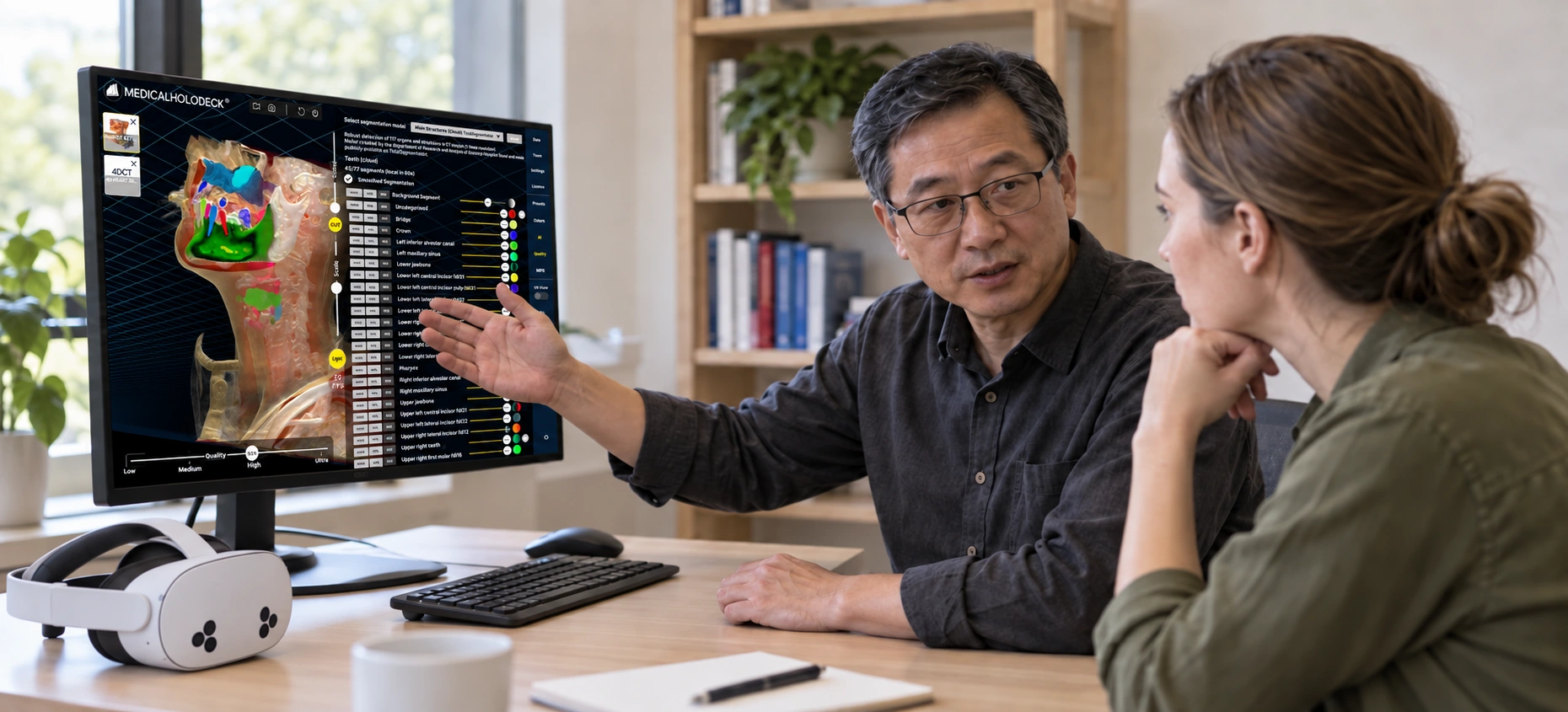 Illustration of two colleagues discussing dental AI segmentation at a workstation.
