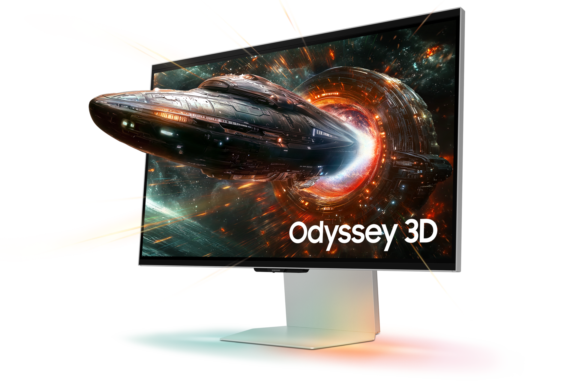 Samsung Odyssey 3D G90XF monitor with its original promotional screen artwork.