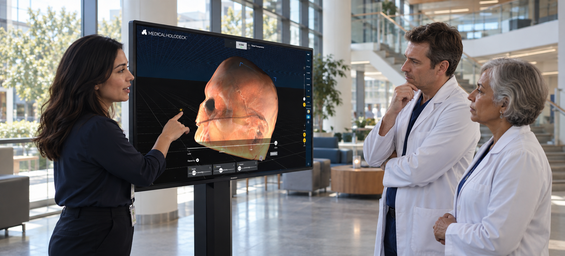 A presenter guides a group through a 3D medical image on a large interactive display.