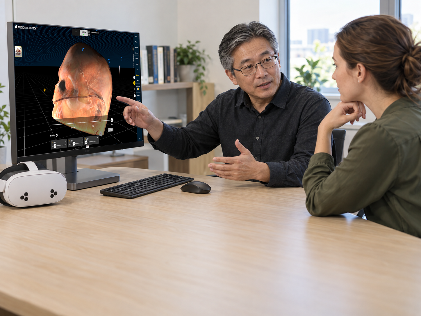 Two professionals examine medical imaging on an autostereoscopic display, with a VR headset on the table.
