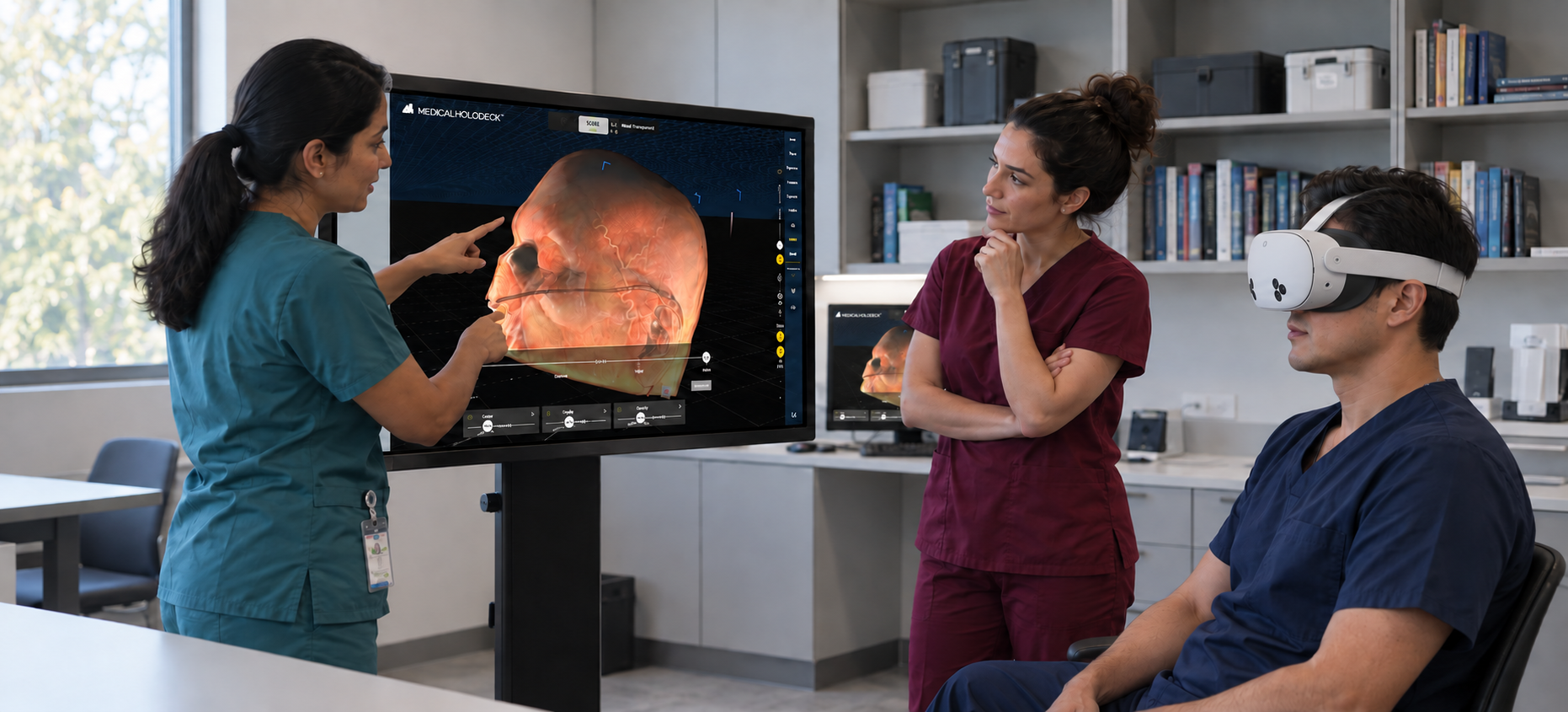 An instructor presents anatomy on a touchscreen while a seated participant uses a VR headset in a simulation lab.