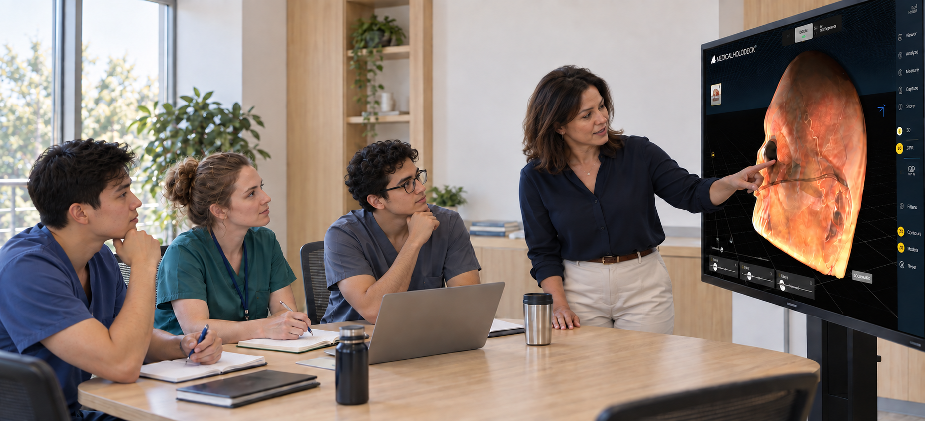 An educator presents 3D head anatomy on a large display to three trainees around a seminar table.