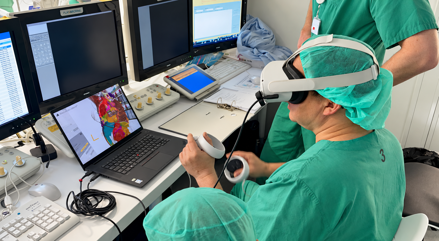 Clinician wearing a VR headset while reviewing a 3D heart model