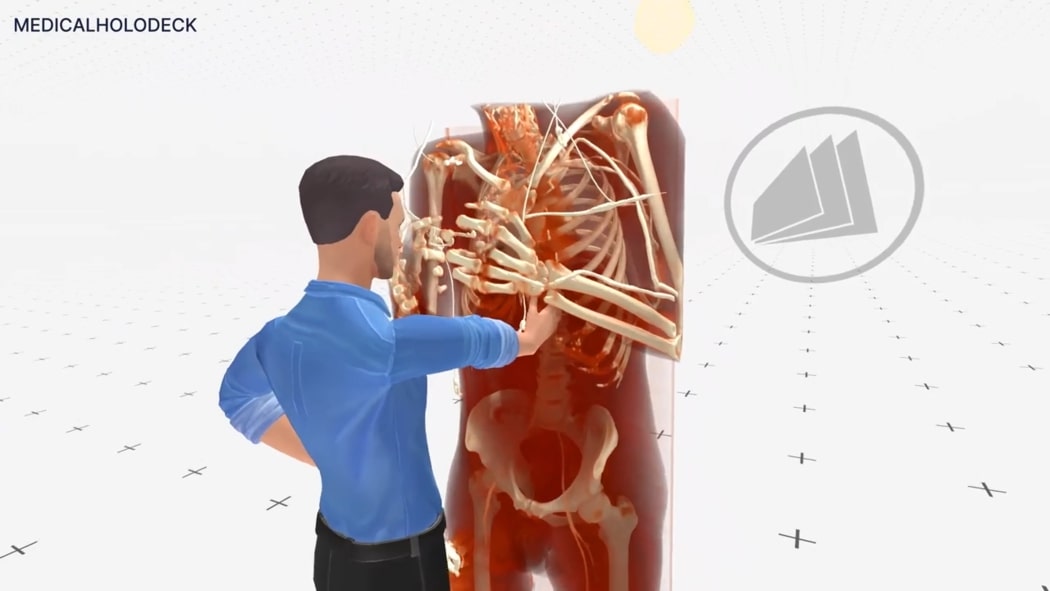 Pengajar virtual memperagakan anatomi torso untuk pelatihan bedah
