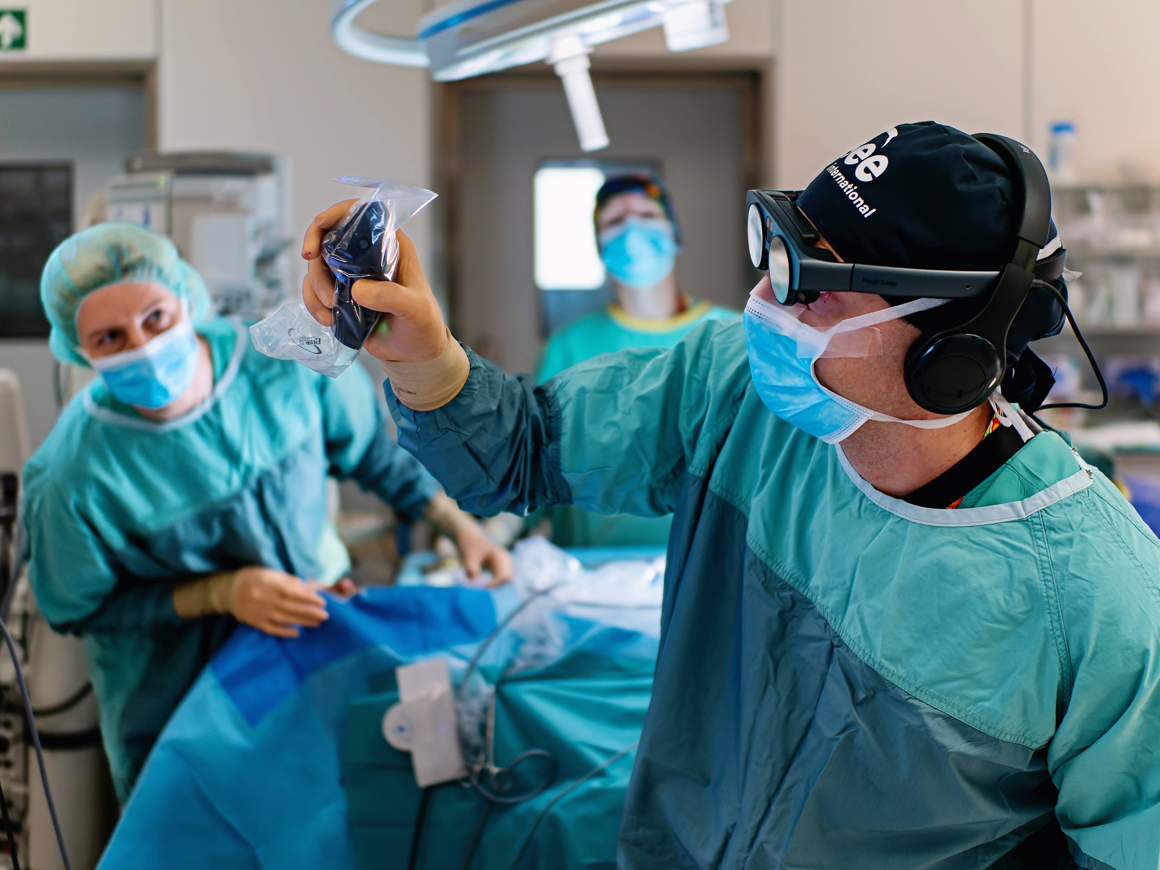Medical team using a mixed-reality headset