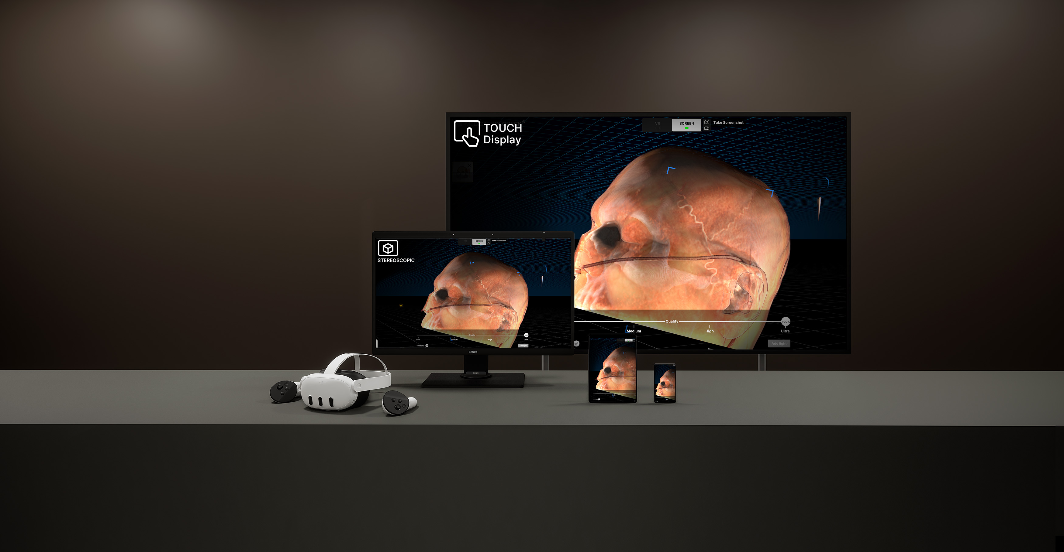 Medicalholodeck scan visualization across a touch display, stereoscopic monitor, mobile screens, and a VR headset