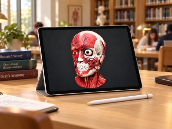 桌面上显示 3D 解剖模型的平板电脑