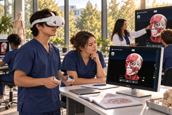 学生在空间解剖实验室中通过 VR 和显示屏使用 Anatomy Master